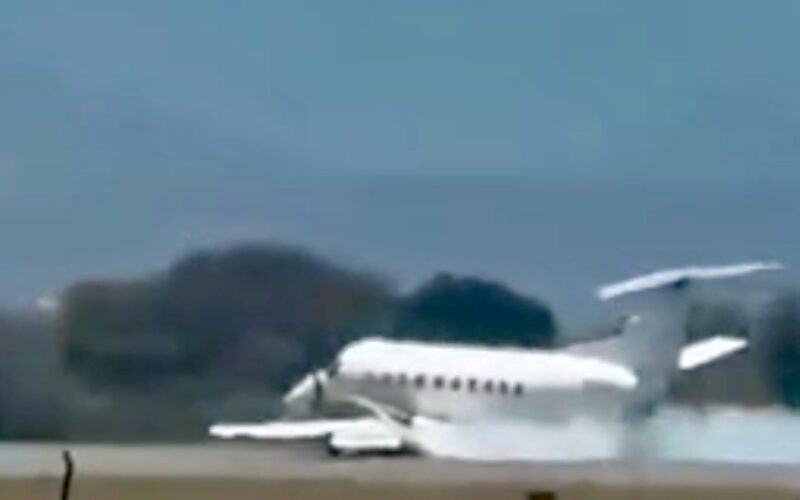 Screenshot Small white jet parked on a runway with trees and a blue sky in the background