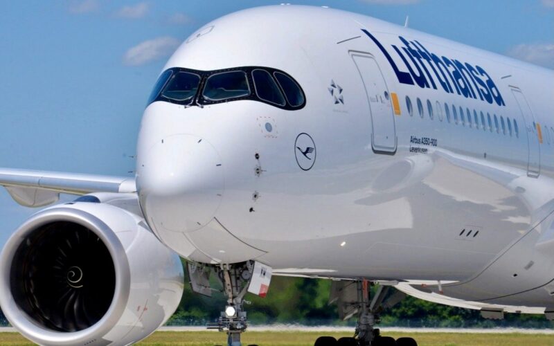 Recently Saved 1 of 1 9 Close up of a white Lufthansa Airbus A350 900 nose with cockpit windows and left engine on a runway