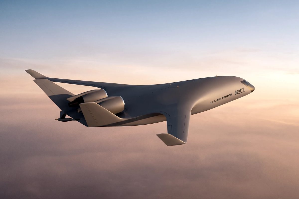 Rendering of JetZeros Jet1 blended wing body demonstrator featuring two top mounted Pratt Whitney PW2040 engines Front fuselage and wing of a US Air Force Jet1 aircraft in flight against a pastel sunset sky