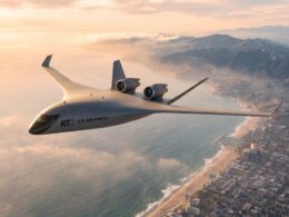 Rendering of JetZeros Jet1 blended wing body demonstrator showing its two top mounted engines