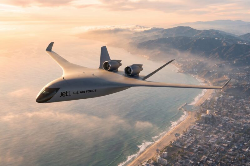 Rendering of JetZeros Jet1 blended wing body demonstrator showing its two top mounted engines