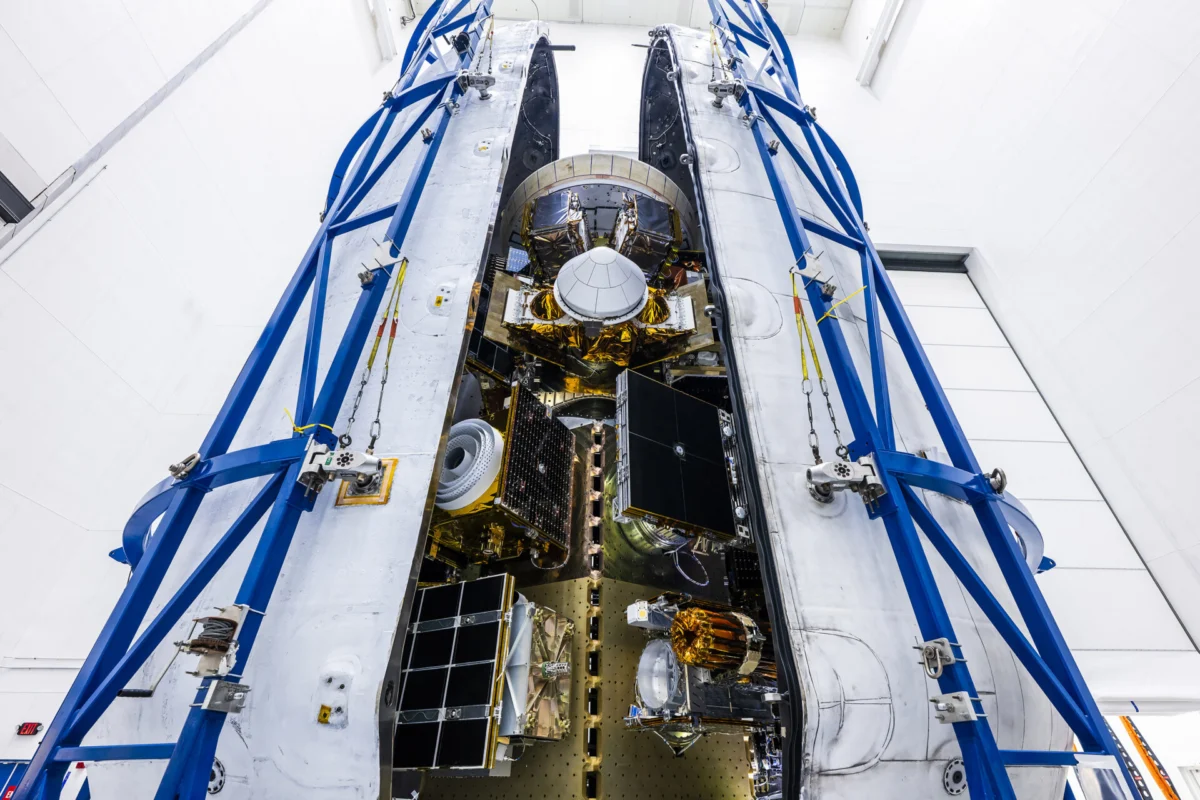 Satellites aboard SpaceXs Bandwagon 5 rideshare mission inside the Falcon 9 payload fairing ahead of launch Satellites aboard SpaceXs Bandwagon 5 rideshare mission inside the Falcon 9 payload fairing ahead of launch