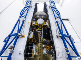 Satellites aboard SpaceXs Bandwagon 5 rideshare mission inside the Falcon 9 payload fairing ahead of launch