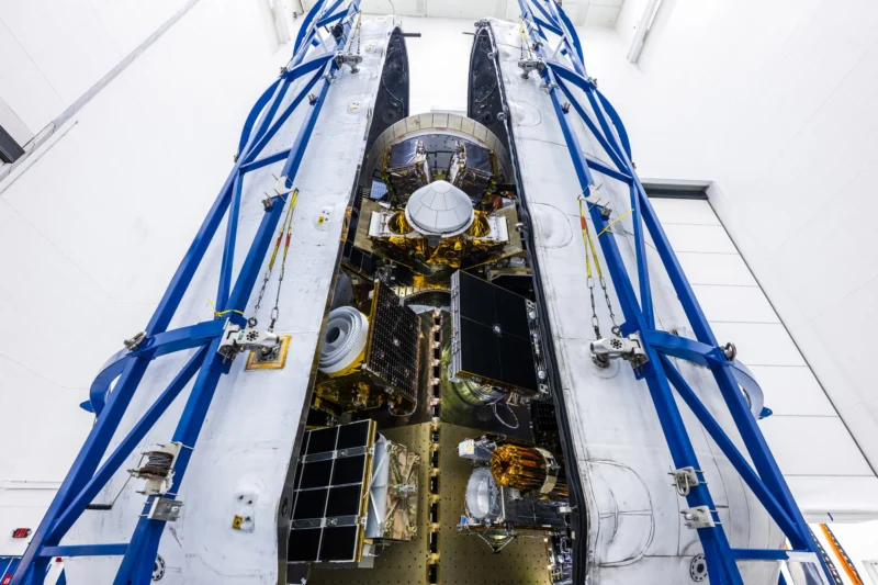Satellites aboard SpaceXs Bandwagon 5 rideshare mission inside the Falcon 9 payload fairing ahead of launch