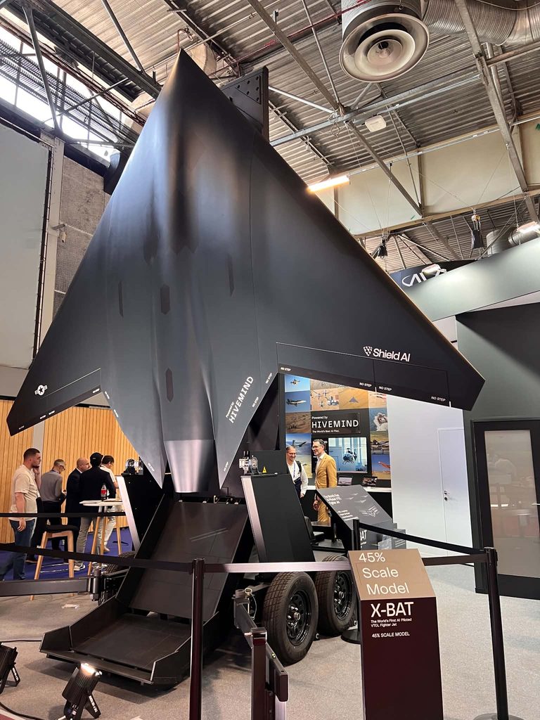 Scale model of Shield AIs X BAT autonomous VTOL combat aircraft on display