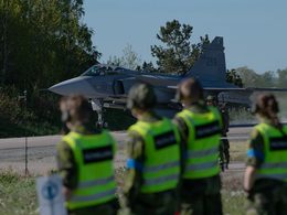 Swedish Air Force JAS 39 Gripen operating from National Road 44 during dispersed road base training