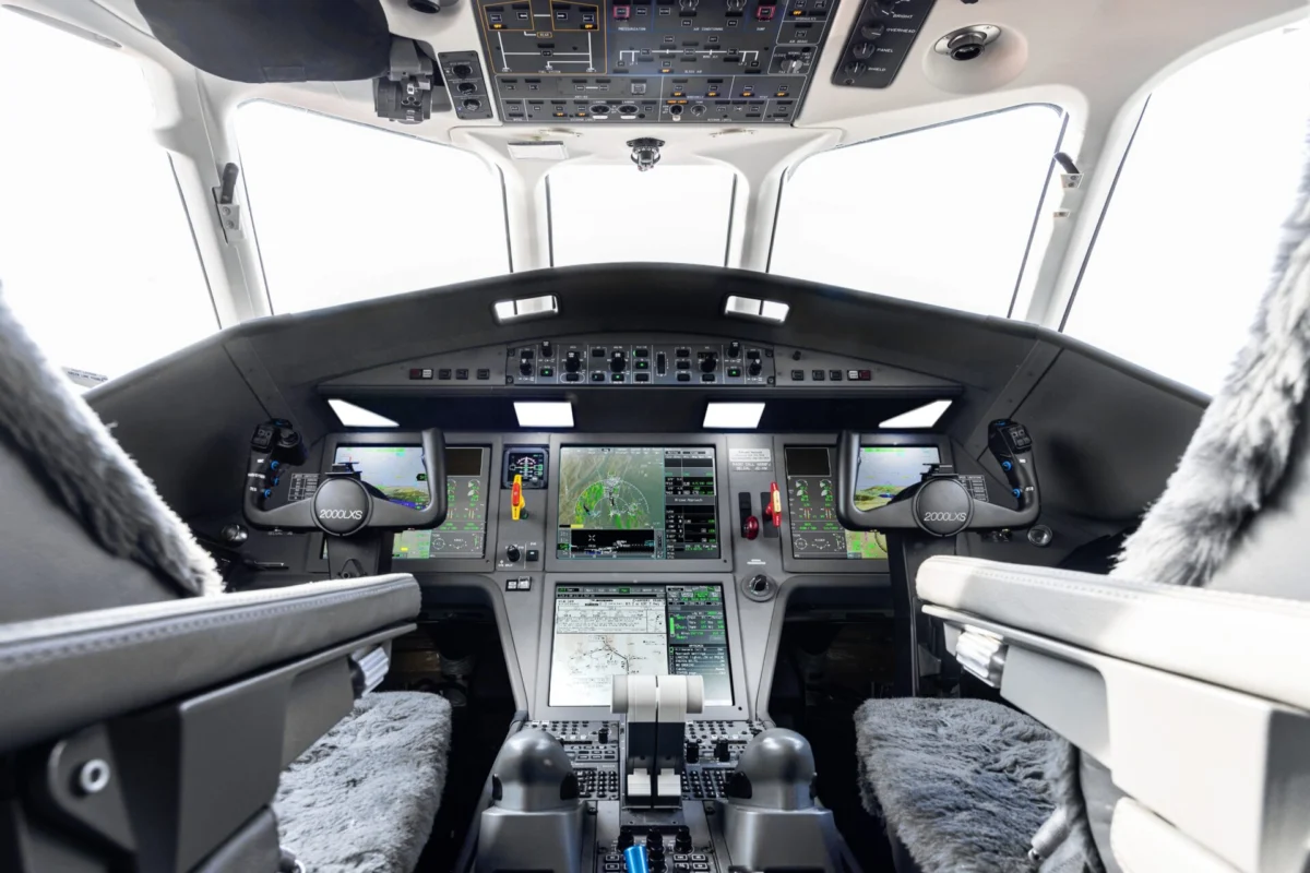 The cockpit of a Dassault Falcon 2000LXS business jet