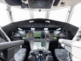 The cockpit of a Dassault Falcon 2000LXS business jet