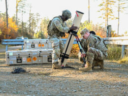 US soldiers assemble a Switchblade 600 loitering munition during training at the Grafenwoehr Training Area in Germany