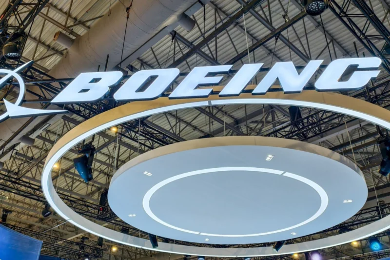 Bright illuminated BOEING logo suspended from a metal exhibition hall ceiling with circular white rings beneath the sign at a trade show