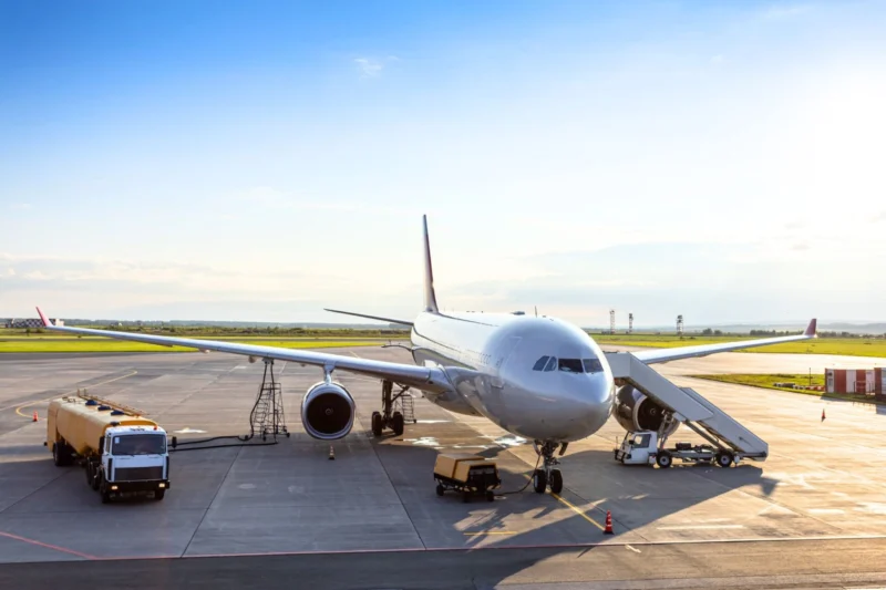 White commercial airplane parked at a gate connected to a jet bridge with ground support vehicles nearby on the tarmac