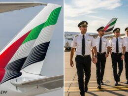Left close up of an airplane tail with green red white and black livery airline logo visible against a blue sky right four uniformed pilots walking on the tarmac with an aircraft in the background
