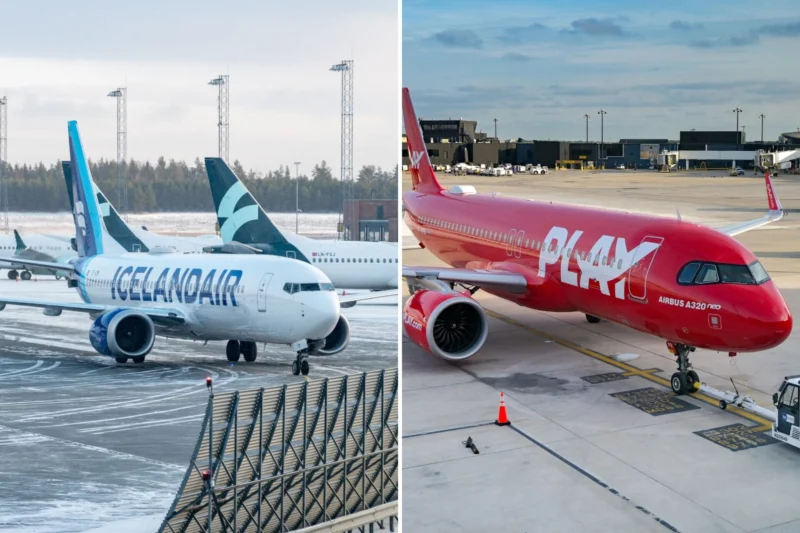 Two commercial aircraft at the gate Icelandair on the left and the red PLAY jet on the right