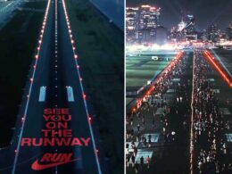 Split screen left shows a dark runway with bold red text reading SEE YOU ON THE RUNWAY right shows a night time cityscape and a long line of runners on a lit runway
