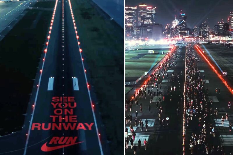 London City Airport opens runway to 5000 women for Nike 10K Split screen left shows a dark runway with bold red text reading SEE YOU ON THE RUNWAY right shows a night time cityscape and a long line of runners on a lit runway