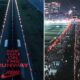 Split screen left shows a dark runway with bold red text reading SEE YOU ON THE RUNWAY right shows a night time cityscape and a long line of runners on a lit runway