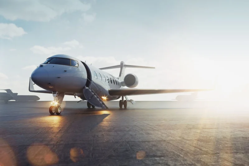 Private jet parked on a sunlit airport tarmac with boarding stairs attached to the door and jet engines visible to the side