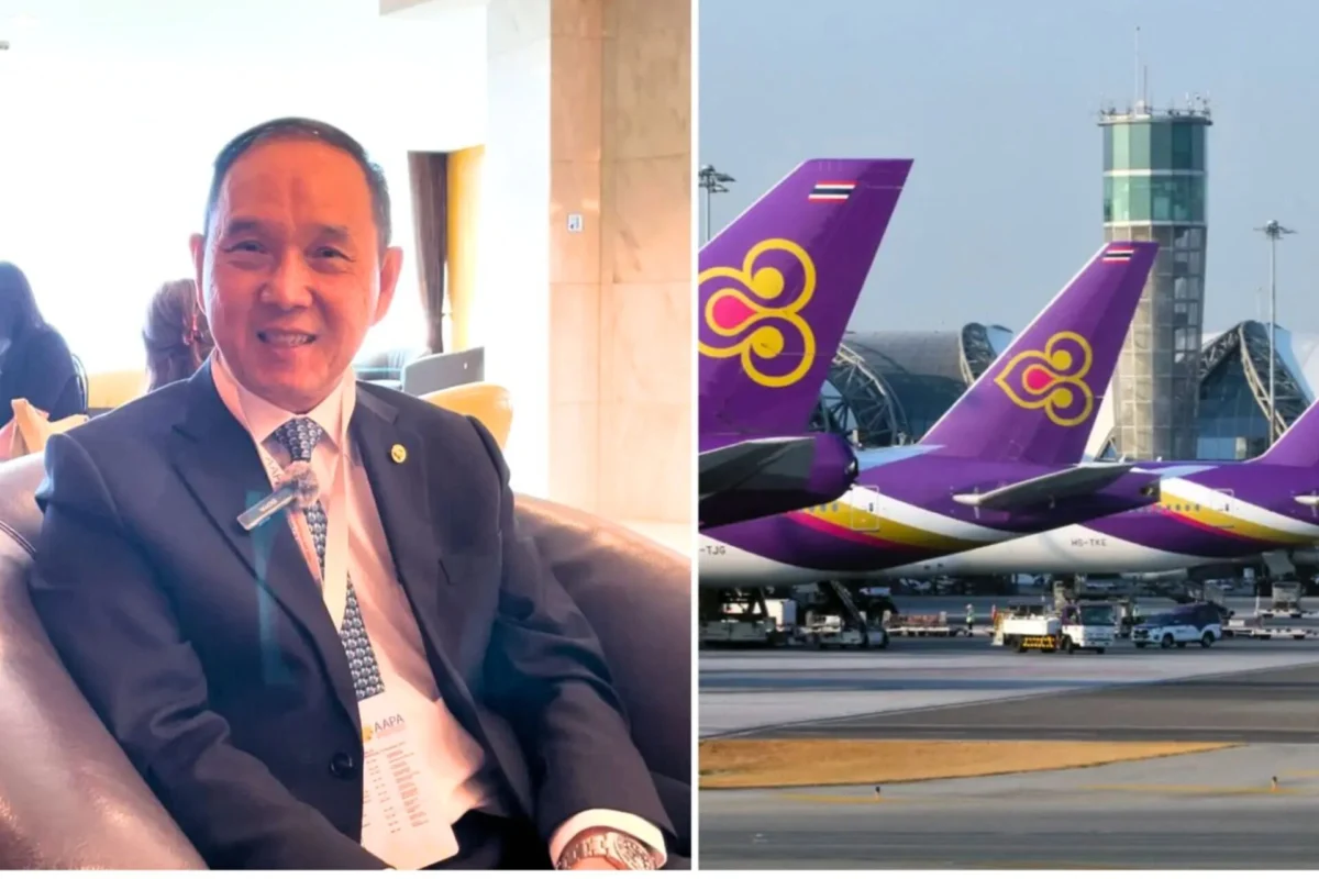 Thai Airways CEO ousted after floods cripple its Bangkok hub Businessman in a suit smiling in an airport lounge left panel and Thai Airways planes with purple tails at the gate right panel