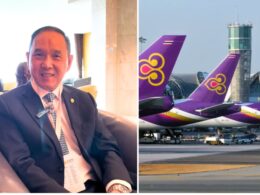 Businessman in a suit smiling in an airport lounge left panel and Thai Airways planes with purple tails at the gate right panel