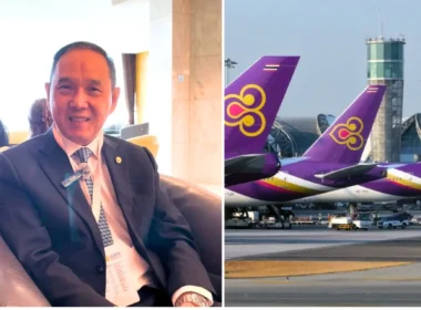 Businessman in a suit smiling in an airport lounge left panel and Thai Airways planes with purple tails at the gate right panel