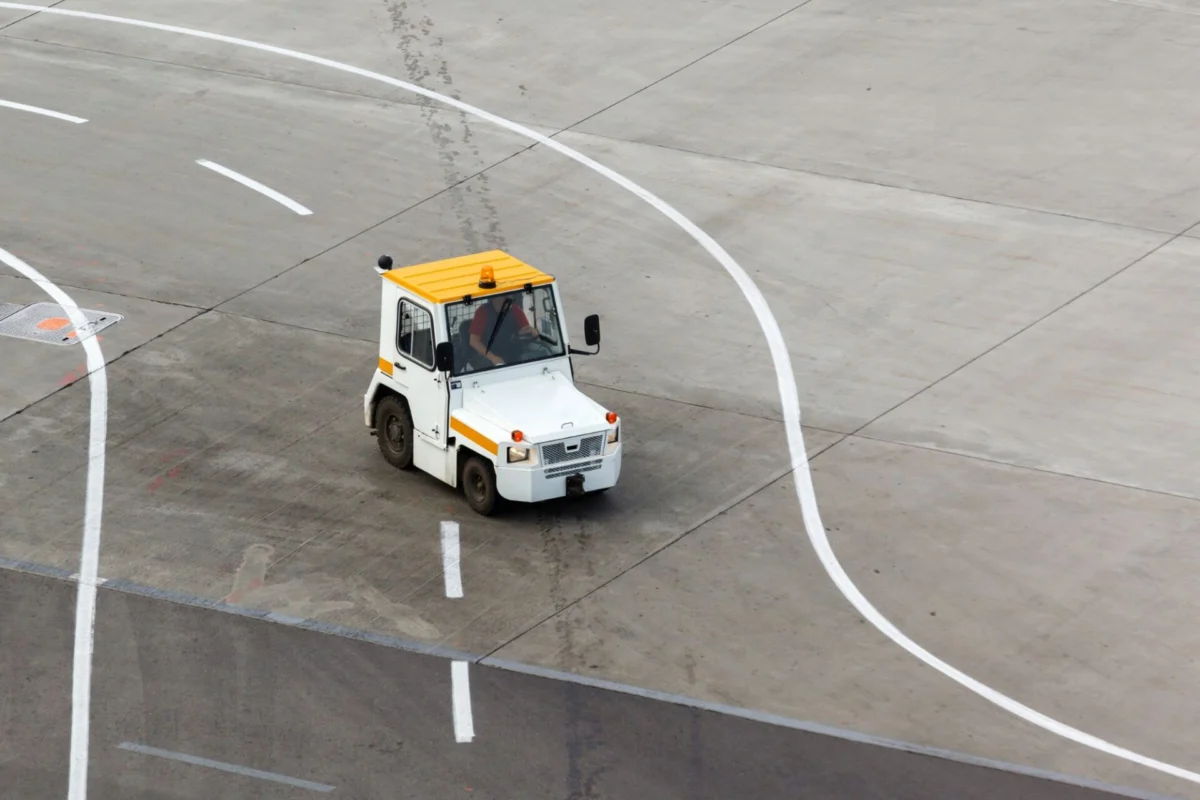 Small white airport tug with an orange roof driving on a concrete apron with curved white taxiway lines behind it