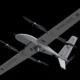 Gray fixed wing drone with four propellers and BEYOND VISION on the wings against a black background