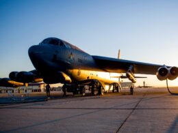 A B 52H Stratofortress bomber armed with an ARRW missile
