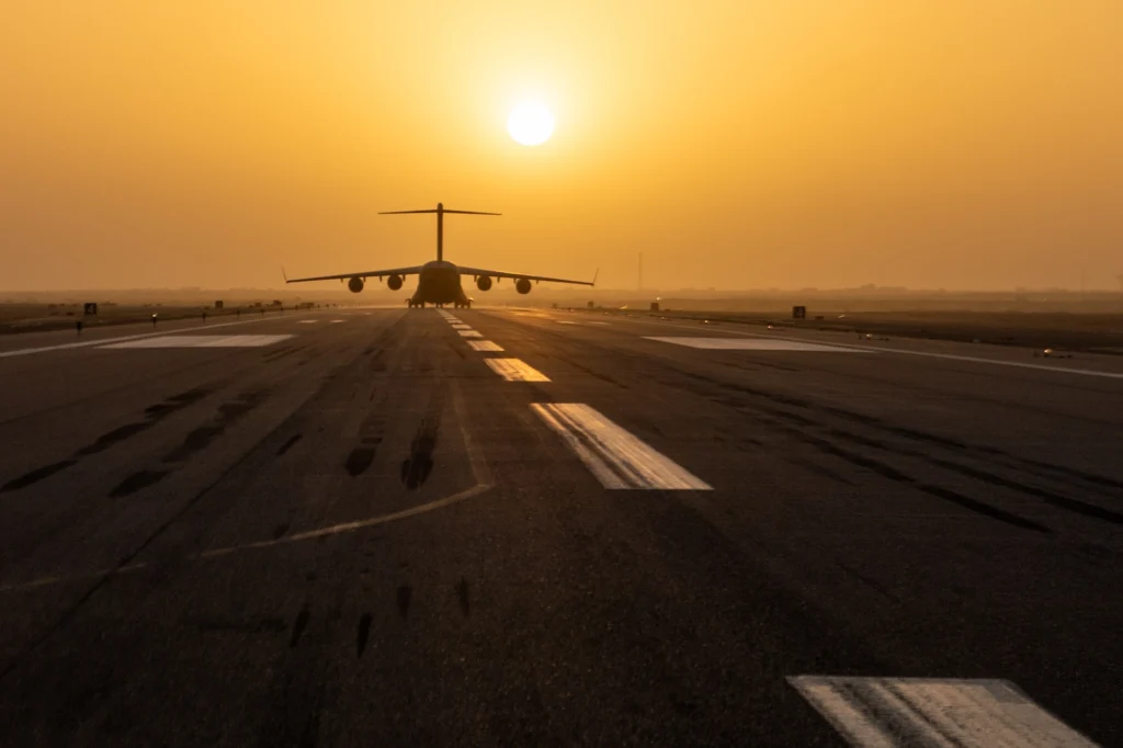 A C 17 Globemaster III cargo aircraft taxis after landing at Air Base 201 A C-17 Globemaster III cargo aircraft taxis after landing at Air Base 201