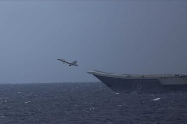 A J-15 fighter taking off from CNS Liaoning aircraft carrier