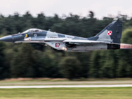 A Polish MiG 29 fighter jet flying low