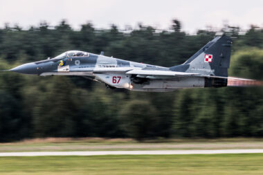 A Polish MiG 29 fighter jet flying low