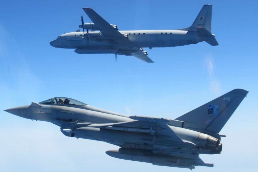 A RAF Typhoon fighter intercepting a Russian Air Force Il-20