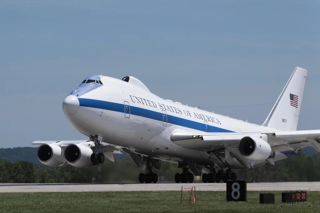 A US Air Force E 4B National Airborne Operations Center aircraft takes off A U.S. Air Force E-4B National Airborne Operations Center aircraft takes off