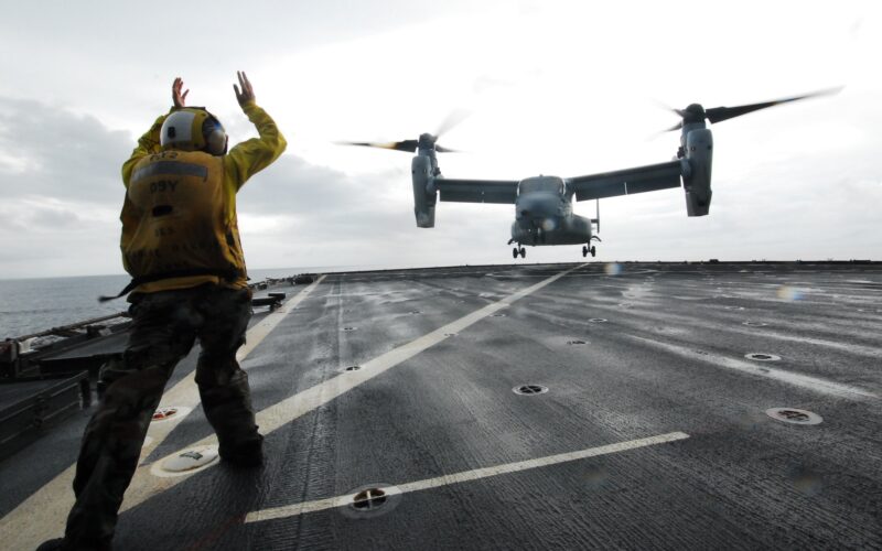 A V-22 Osprey tiltrotor aircraft aboard the USS Ashland