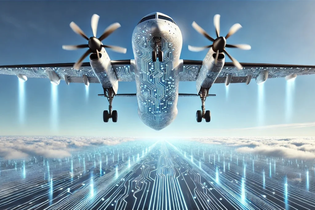 A panoramic image of a futuristic battery electric 100 passenger turboprop aircraft A panoramic image of a futuristic battery-electric 100-passenger turboprop aircraft