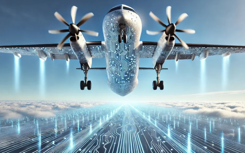 A panoramic image of a futuristic battery-electric 100-passenger turboprop aircraft