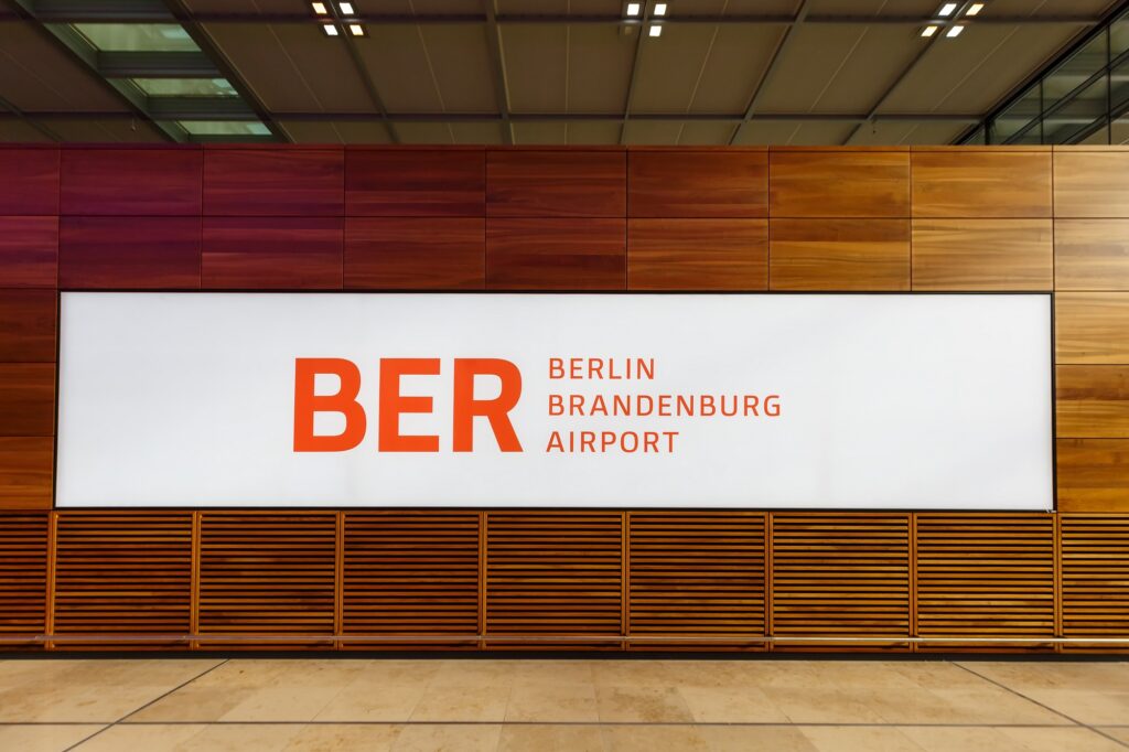 A sign of Berlin Brandenburg Airport BER at the airports Terminal 1
