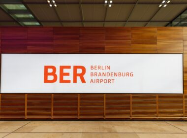 A sign of Berlin Brandenburg Airport BER at the airport's Terminal 1