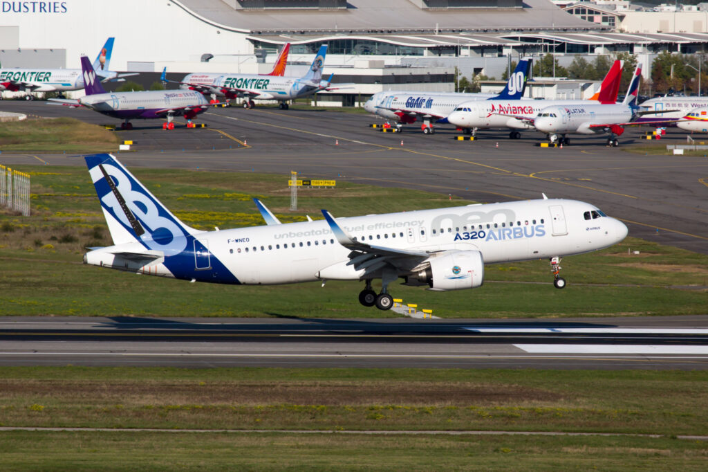 New passenger aircraft Airbus A320neo is landing after the test flight.