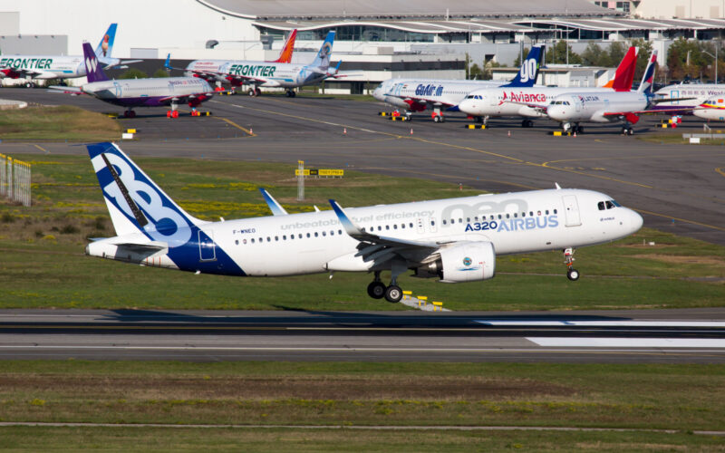 New passenger aircraft Airbus A320neo is landing after the test flight.