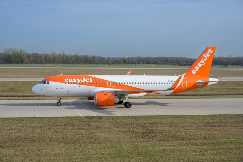 easyJet Airbus A320-251N with the aircraft registration G-UZLL is taxiing for take off on the northern runway 08L of Munich Airport MUC EDDM