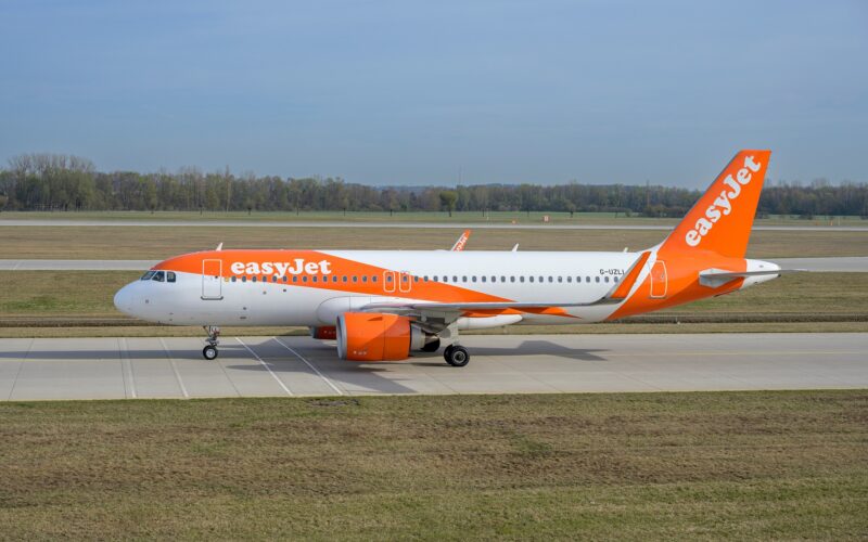 easyJet Airbus A320-251N with the aircraft registration G-UZLL is taxiing for take off on the northern runway 08L of Munich Airport MUC EDDM