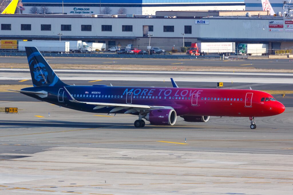 Alaska Airlines Airbus A321neo with the More to Love livery at New York John F Kennedy International Airport JFK Alaska Airlines has retired its last Airbus A321neo