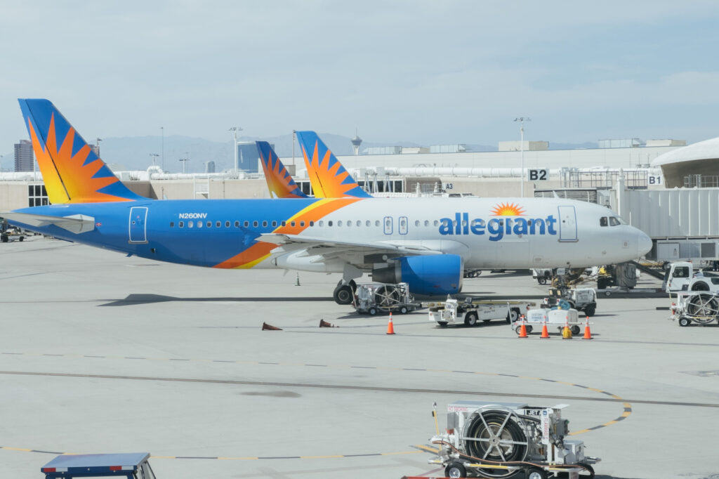 Closeup of an Allegiant airplane at Terminal 1 of LAS airport.