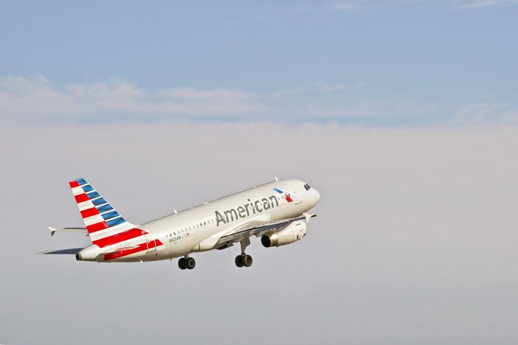 American Airlines Airbus 319-132 commercial jet departs from John Wayne International Airport in Santa Ana, California