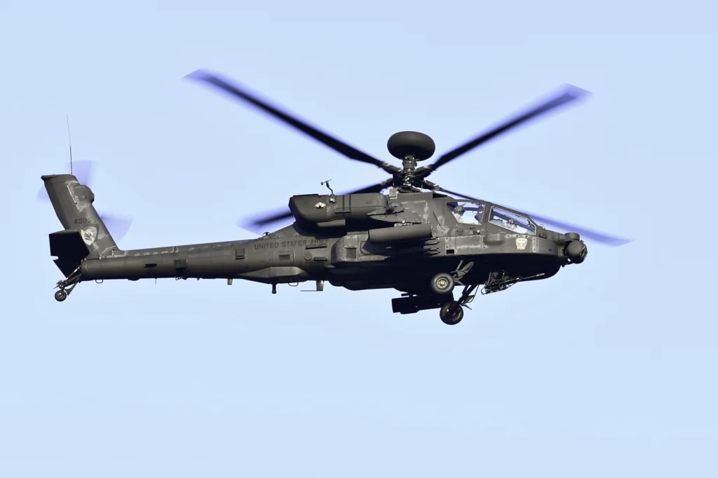 An AH-64E Apache attack helicopter