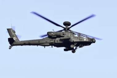 An AH 64E Apache attack helicopter