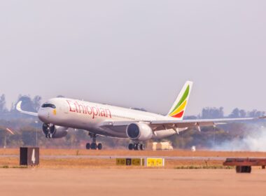 An Ethiopian Airlines Airbus A350-900 aircraft landing in Lusaka, Zambia
