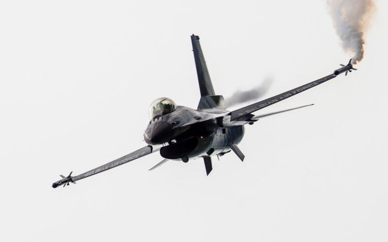 An F-16 fighter jet flying