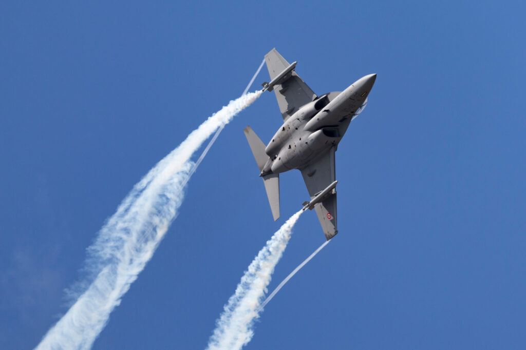 An M-346 trainer jet flying